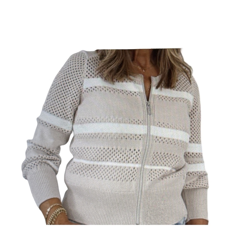 Monari Striped Crochet Knit Zipped Cardigan Beige
